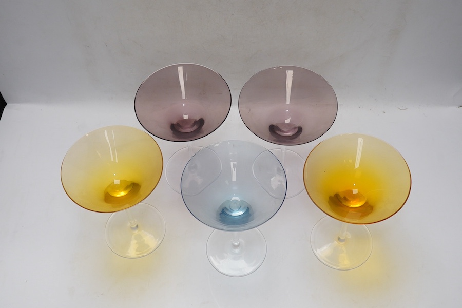 Five boxed Rosenthal for Versace Medusa head champagne glasses in various colours, 17.5cm high. Condition - good.